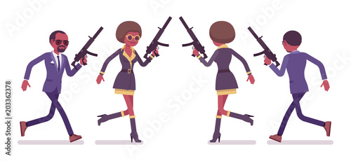 Secret agent black man and woman, spies running