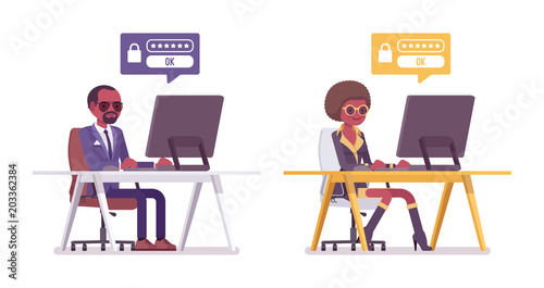 Secret agent black man and woman, spies computer hacking