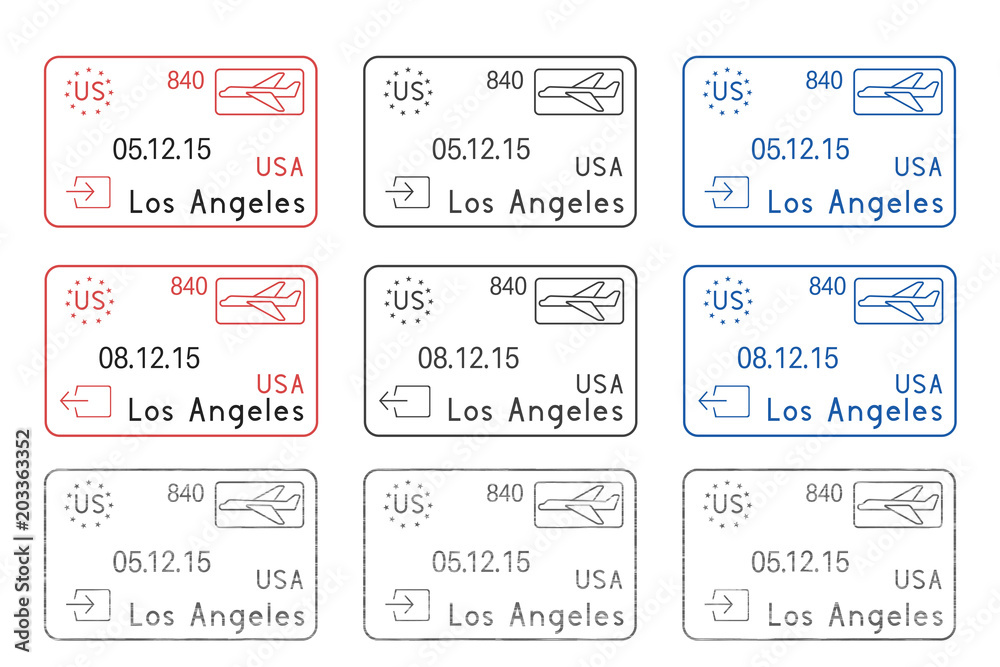 Fototapeta premium Los Angeles passport stamps. Arrival and departure by plane. Colored set