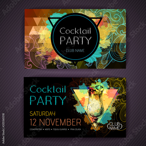 Cocktail pina colada on artistic polygon watercolor background. Cocktail disco party poster