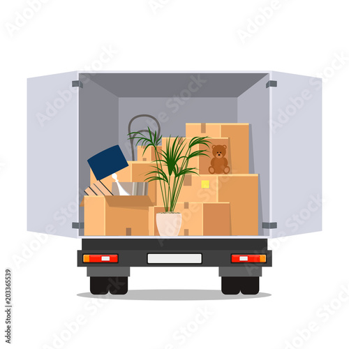 Truck with an open body. Inside the box with things. The concept of moving. Vector flat illustration. Isolated object on white background. photo