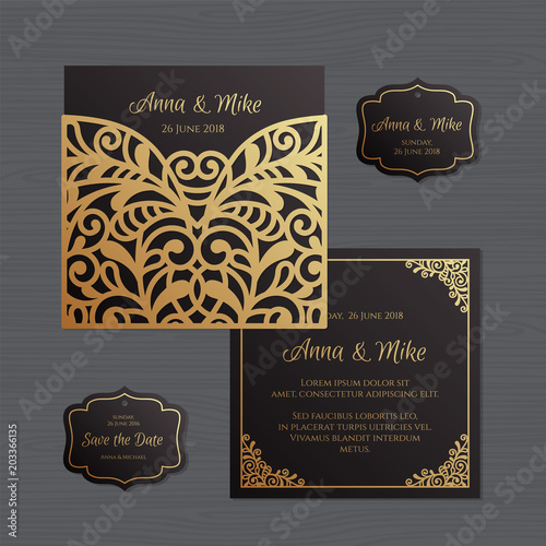 Wedding invitation or greeting card with vintage ornament. Paper lace envelope template. Wedding invitation envelope mock-up for laser cutting. Vector illustration.