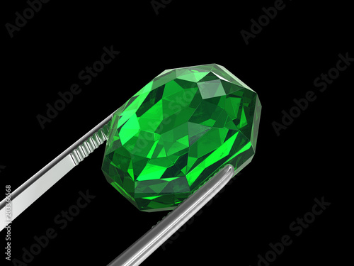 Foto Emerald Seen close up with tweezers, 3D illustration