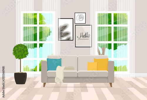 Interior design of the living room with modern furniture. Vector flat illustration.