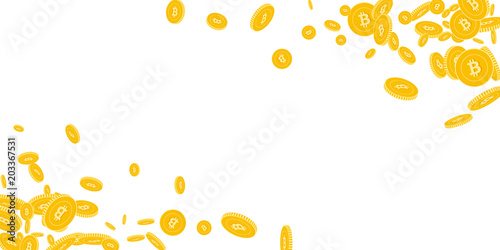 Bitcoin, internet currency coins falling. Scattered floating BTC coins on white background. Actual wide corners vector illustration. Jackpot or success concept.