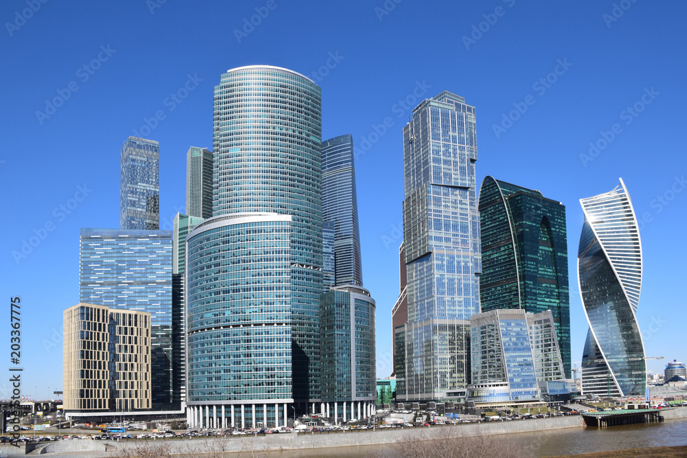 High-rise buildings of the Moscow international business center Moscow-City on the bank of the Moskva River. The beginning of construction 1998. The construction continues. Moscow, April 2018