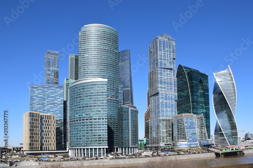 High-rise buildings of the Moscow international business center Moscow-City on the bank of the Moskva River. The beginning of construction 1998. The construction continues. Moscow  April 2018