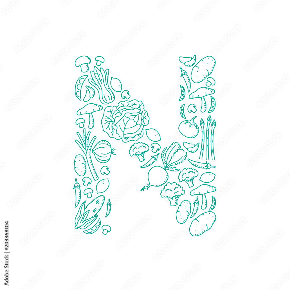 Alphabet Vegetable pattern set letter N illustration kids hand drawing concept design green color, isolated on white background, vector eps 10