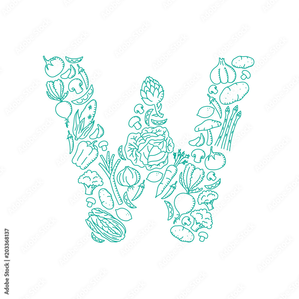 Naklejka premium Alphabet Vegetable pattern set letter W illustration kids hand drawing concept design green color, isolated on white background, vector eps 10