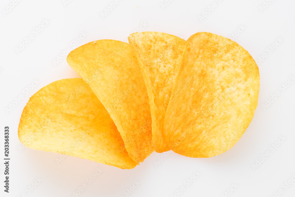 Potato chips isolated on white background. Collection. Potato chips isolated on white background. Collection.