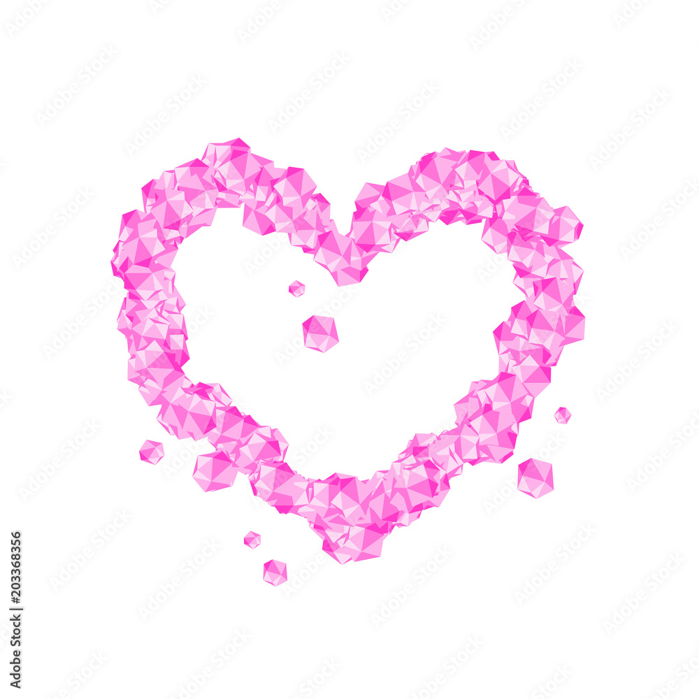 Love Heart symbol Crystal diamond 3D virtual set illustration Gemstone concept design pink color, isolated on white background, vector eps 10