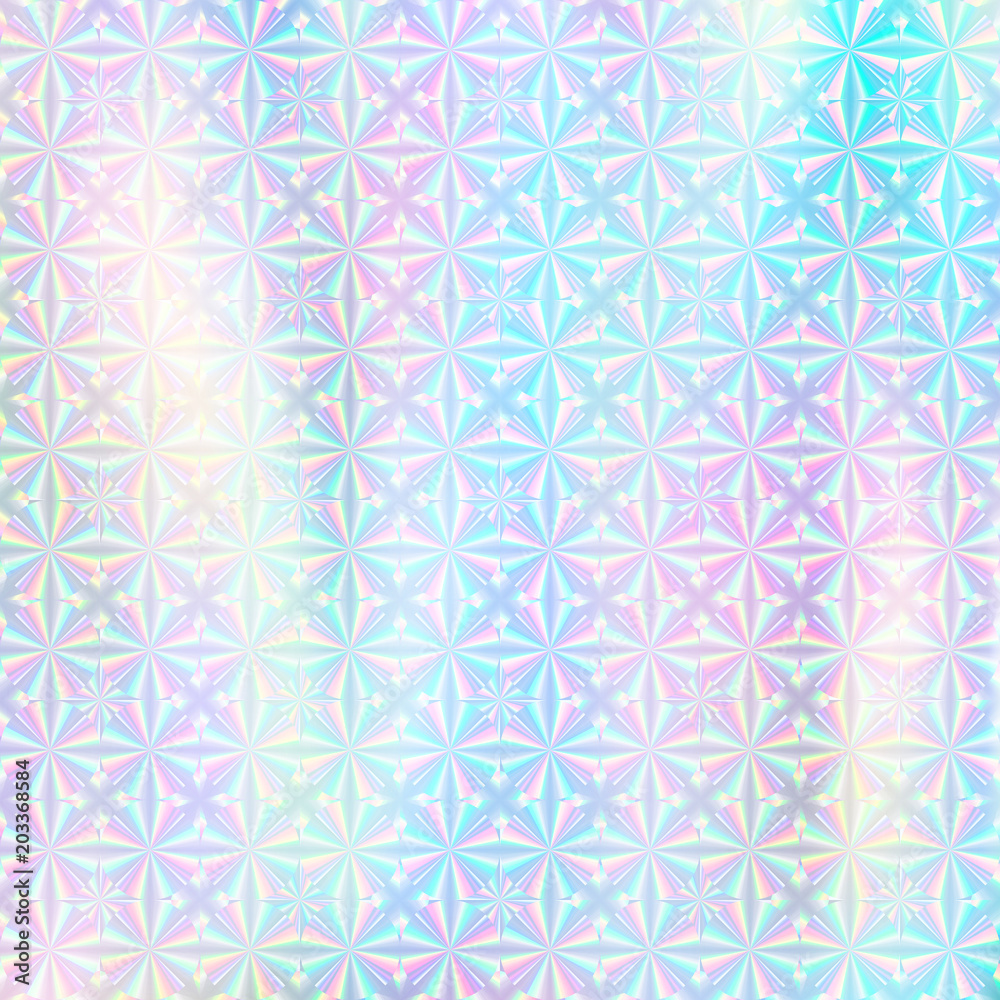 Holographic paper. Hologram sticker texture. Multicolor background. Geometric texture. Trendy backdrop. 80s. 90s. Certificate label. Quality emblem background.