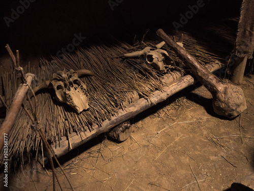 Reconstruction of the human dwelling of the Stone / Bronze Age. household items. archaeological excavations concept.