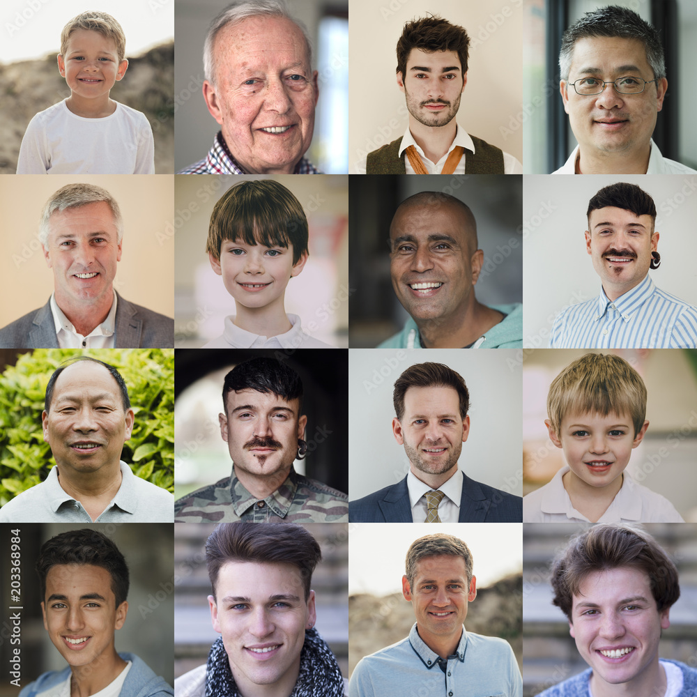 4x4 collage made up of headshots of a diverse range of males including children, teenagers, adults and seniors. 4x4 collage made up of headshots of a diverse range of males including children, teenagers, adults and seniors.
