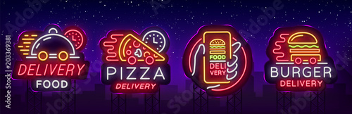 Food delivery set neon signs. Logotype collection neon, light banner, bright night advertising for delivery food for restaurant, pizzerias, cafes. Burger, Pizza. Vector illustration. Billboard