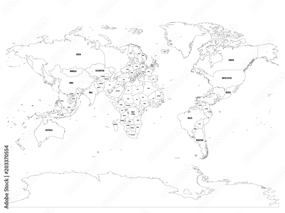 Horizontally flipped political map of World. Mirror reflection. Thin black outline vector illustration