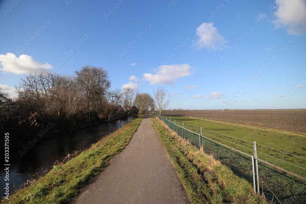Wide angle view of polder Wilde Veenen at Donderdam between the villages of Moerkapelle and Waddinxveen in the Netherlands