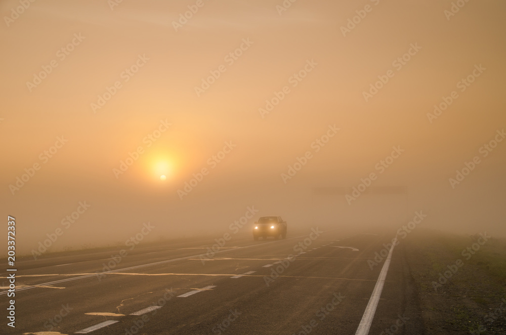 The light from the car's headlights traveling the road in the mist outside the city The light from the car's headlights traveling the road in the mist outside the city