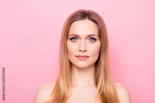 Style nourishing make up maquillage visage delicate sensitive sensual natural purity concept. Close up portrait of beautiful gorgeous lovely lady with wrinkles in corners of eyes isolated background