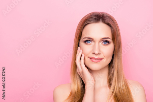 Wellness botox trend stylish vogue make up clean clear mask feminine hydration collagen apply gel scrub concept. Close up portrait of charming lady enjoying smooth skin isolated background copy-space