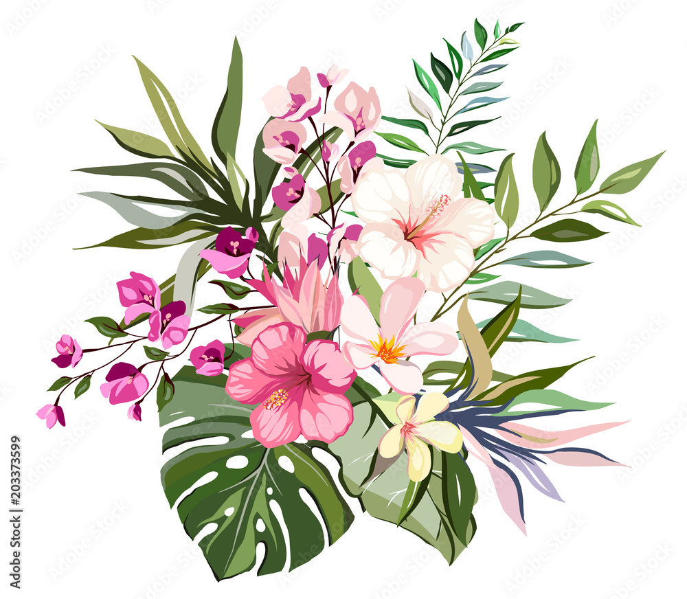 Tropical vector flowers. card with floral illustration. Bouquet of flowers with exotic Leaf isolated on white background. composition for invitation to party or holiday Tropical vector flowers. card with floral illustration. Bouquet of flowers with exotic Leaf isolated on white background. composition for invitation to party or holiday