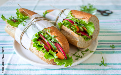 Vegetarian sandwich from bran bread with vegetables and herbs for a picnic. Rustic style.