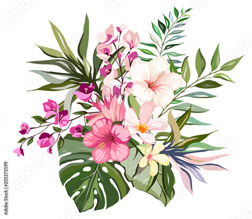 Tropical vector flowers. card with floral illustration. Bouquet of flowers with exotic Leaf isolated on white background. composition for invitation to party or holiday