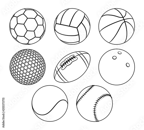 Vector set of outlines different sport balls isolated over a white background