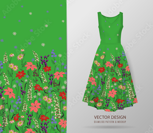 Hand drawn Floral pattern on dress mockup. Seamless vector texture. Elegant template for fashion prints. Surface with meadow flowers and herbs. Green background