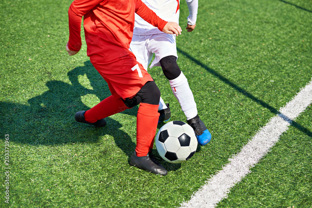 Child soccer players and ball on football field