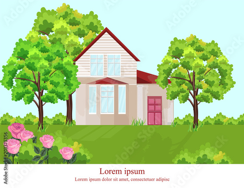 Architecture facade house Vector. Nature beautiful green yard backgrounds