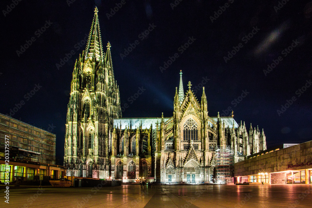 The famous Cologne Cathedral with Illumination in Germany. Travel photo.