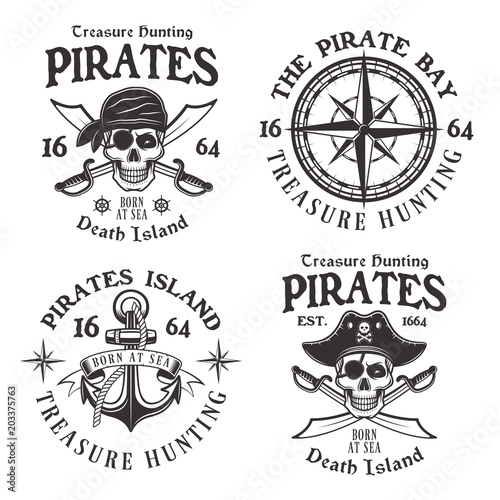 Set of four pirates vintage vector emblems, labels