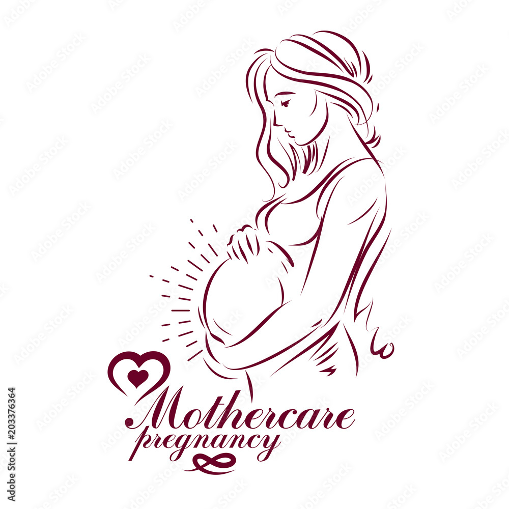 Fototapeta Pregnant female beautiful body outline, mother-to-be drawn vector illustration. Maternity ward marketing poster