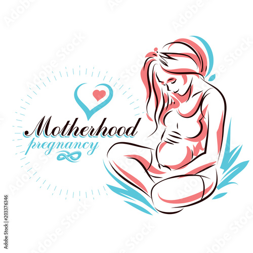 Pregnant woman elegant body silhouette, sketchy vector illustration. Pregnancy and maternity popularization
