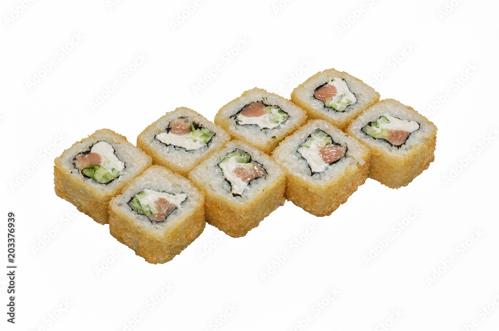 Rolls-sushi in breaded, with soft cheese and salman.