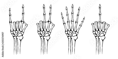 Hands of the skeleton with different gestures. Rock and peace symbol, fuck you, symbol. Hand drawn human hands with bones isolated on white background. Vintage grunge technique