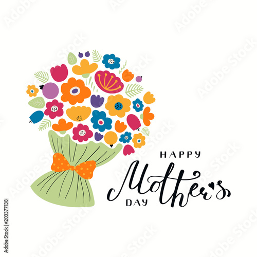 Hand written lettering quote Happy Mothers Day with a bouquet flowers. Isolated objects on white background. Vector illustration. Design concept for banner, greeting card.