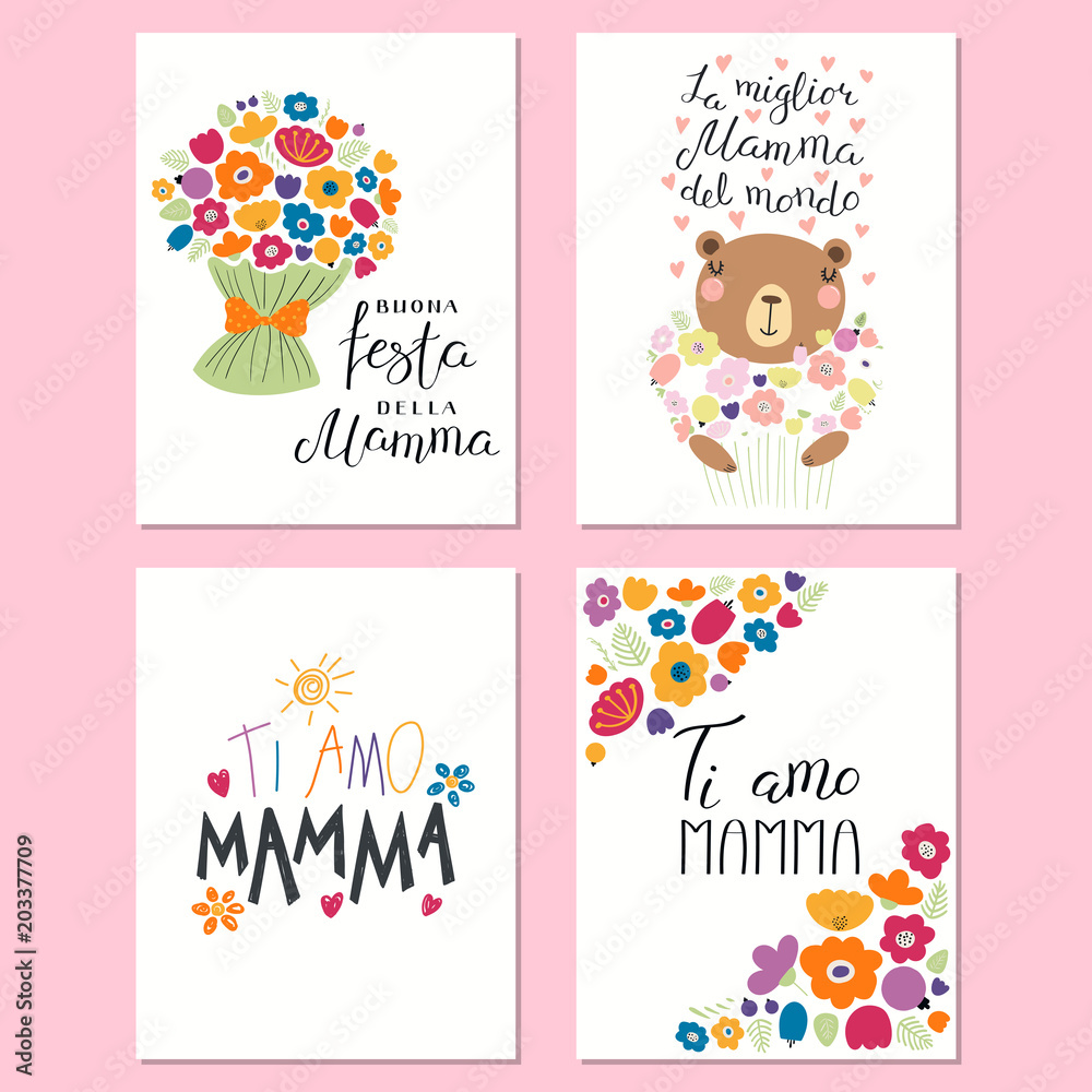 Set of Mothers Day cards templates with hand written lettering quotes in Italian, cute bear with flowers, hearts, childish drawings. Vector illustration. Design concept banner, postcard, gift tag.