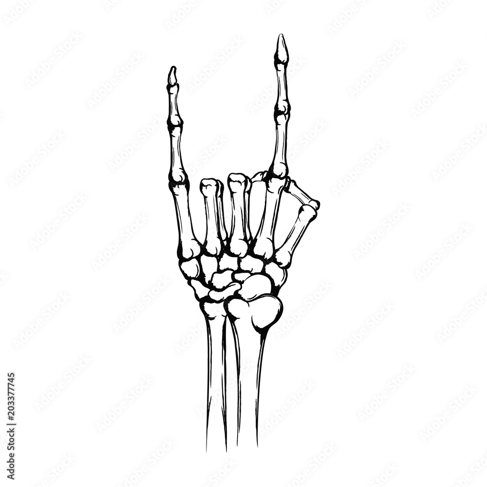 Hand of the skeleton with raised up forefinger and little finger. Rock ...