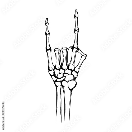 Hand of the skeleton with raised up forefinger and little finger. Rock symbol or gesture. Hand drawn human hand with bones isolated on white background. Vintage grunge technique