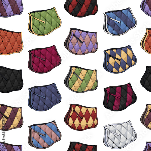 Vector pattern for packaging with illustrations of equestrian ammunition. Set of multi-colored saddlecloths.