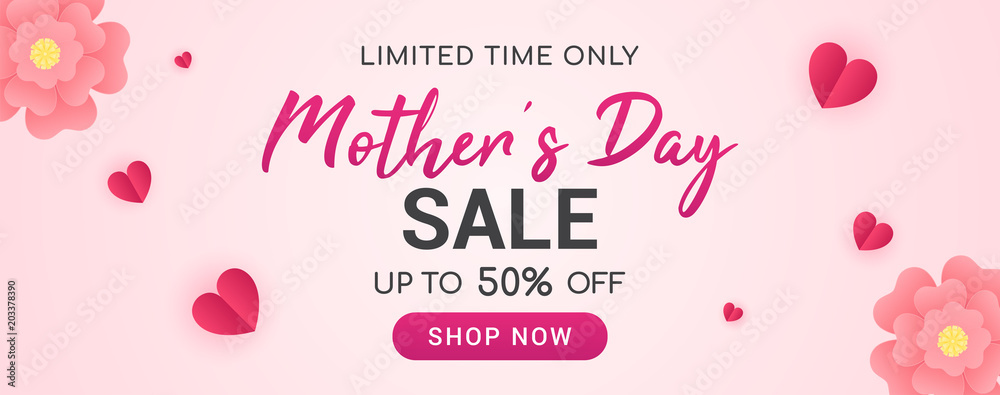Mother's day sale vector illustration. Banner design with beautiful paper flowers and hearts.