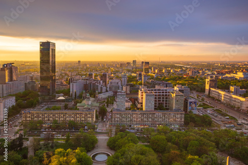 Warsaw, Poland-April 2018: center of the Polish capital, Warsaw. Sunset sky