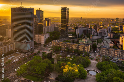 Warsaw, Poland-April 2018: center of the Polish capital, Warsaw. Sunset sky