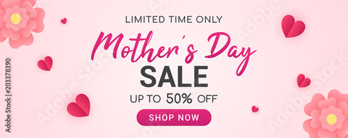 Mother's day sale vector illustration. Banner design with beautiful paper flowers and hearts.