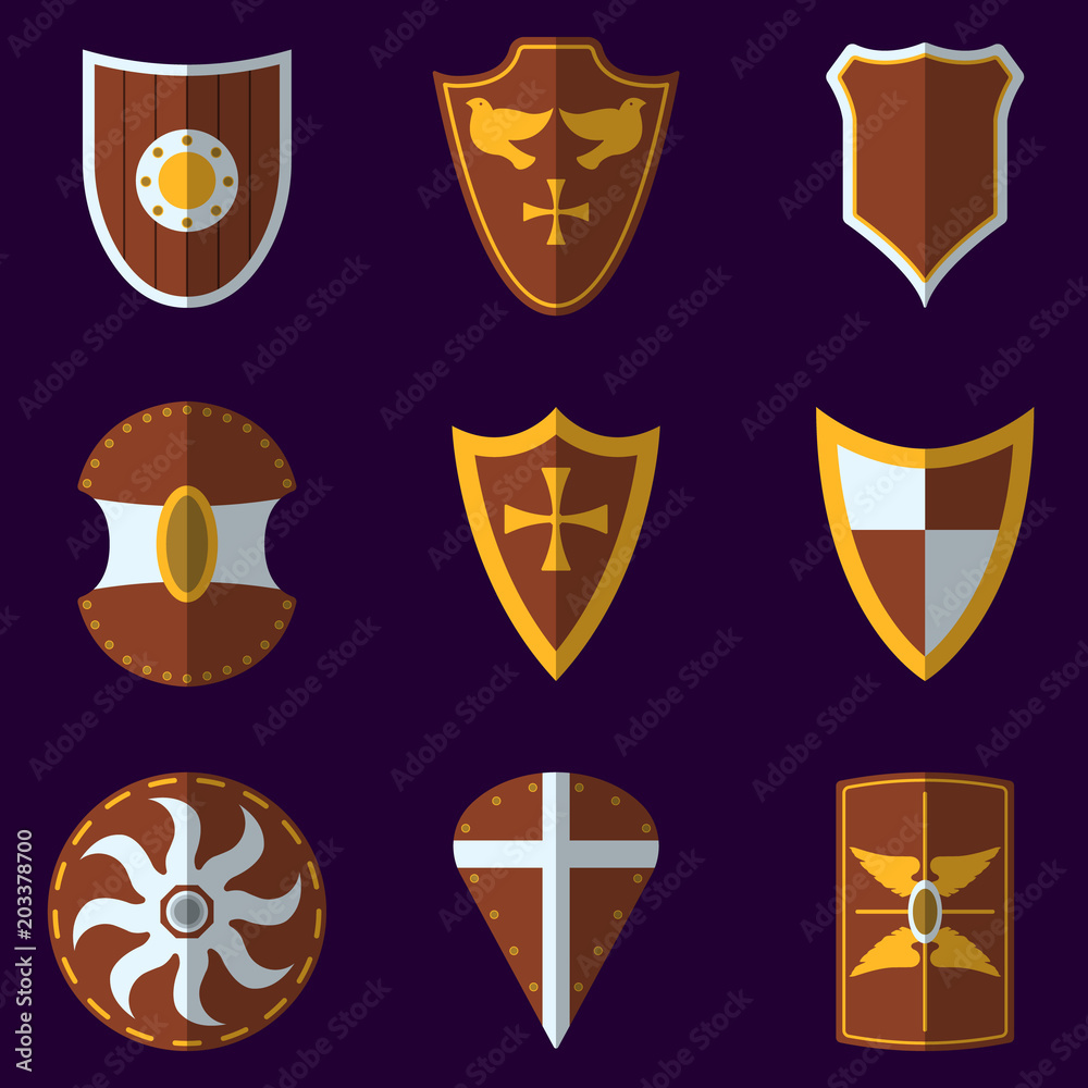 Set of Medieval Shield Icon and Label. Flat style. Vector illustration logo Set of Medieval Shield Icon and Label. Flat style. Vector illustration logo