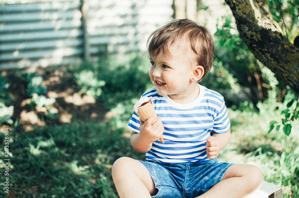 cute little boy in the Park or garden eating ice cream in summer t-shirt cute little boy in the Park or garden eating ice cream in summer t-shirt