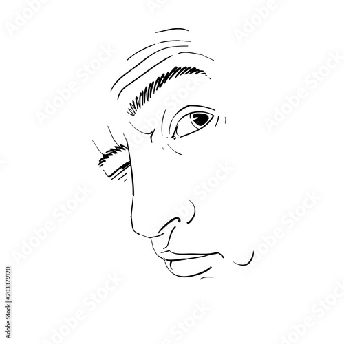 Vector drawing of drunk man or gambler with wrinkles on his forehead. Black and white portrait of tricky guy, mask with features.