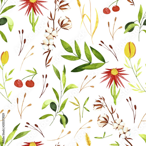 Watercolor garden seamless pattern. Included branches and garden elements. Perfect for you postcard design  invitations  projects  wedding card  poster  packaging.